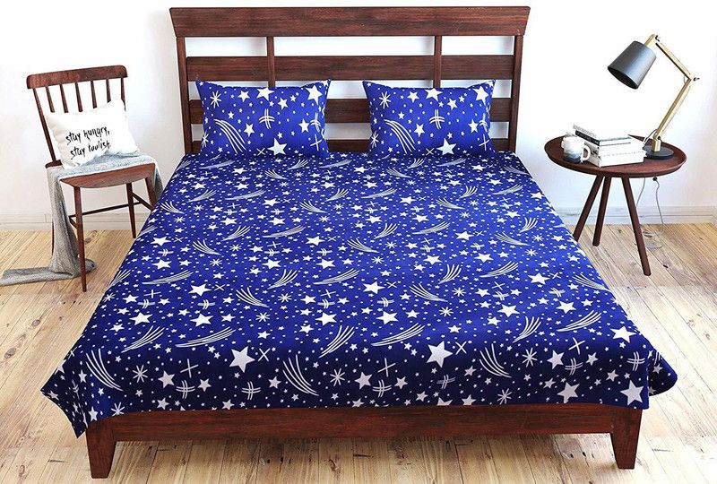 Yakshi Handloom 140 TC Polycotton Double Printed Flat Bedsheet  (Pack of 1, Blue)