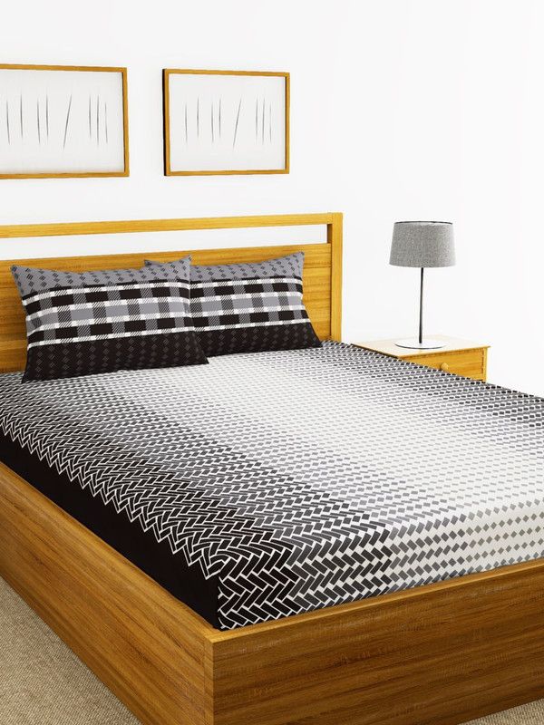 Bianca 144 TC Cotton Double Printed Flat Bedsheet  (Pack of 1, CHARCOAL/MULTI)