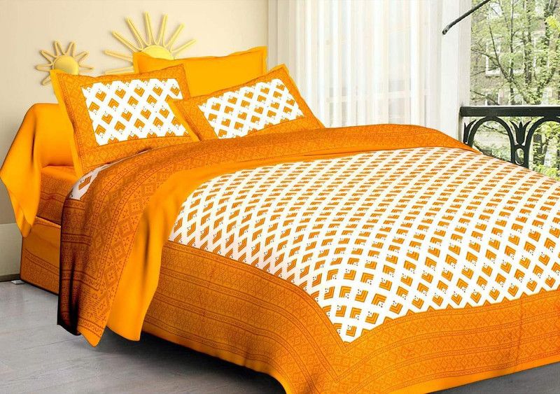 Sanskriti The Art 140 TC Cotton Double Printed Flat Bedsheet  (Pack of 1, Yellow)