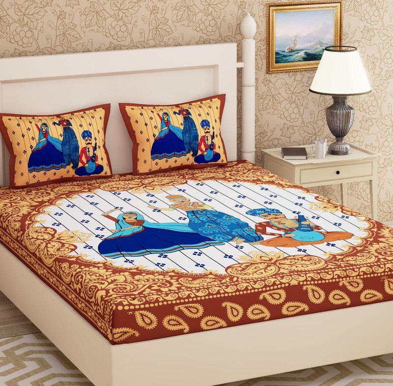 Deepika Imports 250 TC Cotton Double Jaipuri Prints Flat Bedsheet  (Pack of 1, Brown, White)