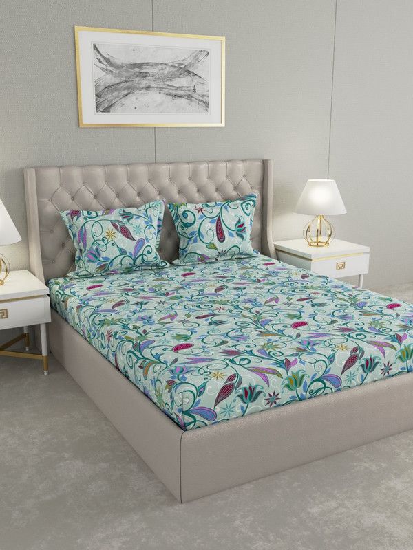 Raymond Home 140 TC Cotton King Floral Flat Bedsheet  (Pack of 1, Blue)
