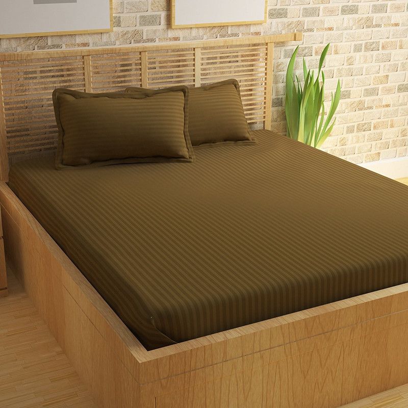 eCraftIndia 210 TC Satin King Striped Flat Bedsheet  (Pack of 1, Light Brown)
