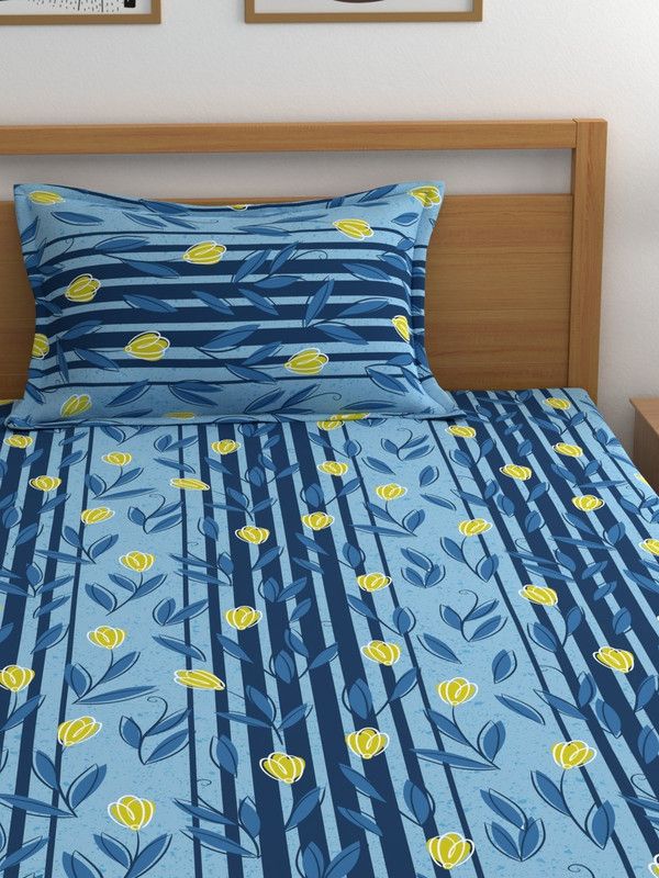blush 144 TC Cotton Single Printed Flat Bedsheet  (Pack of 1, Blue)