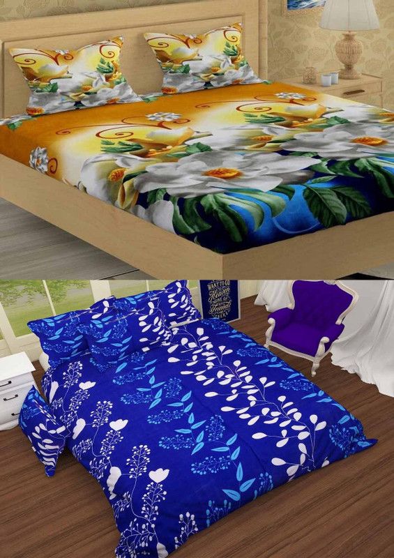 Twinkle Star's 144 TC Polycotton Double 3D Printed Flat Bedsheet  (Pack of 2, Blue)