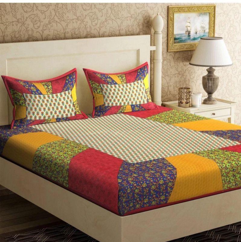 VIKANJALI FAB 104 TC Cotton Double Jaipuri Prints Flat Bedsheet  (Pack of 1, Multicolor)