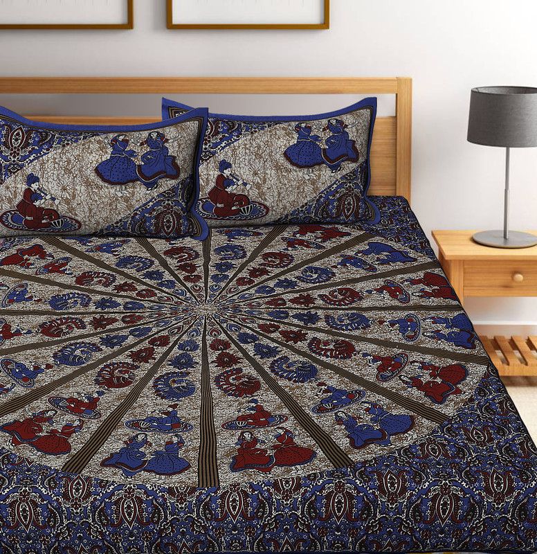 double cotton bed sheet 144 TC Cotton Queen Printed Flat Bedsheet  (Pack of 1, Blue)