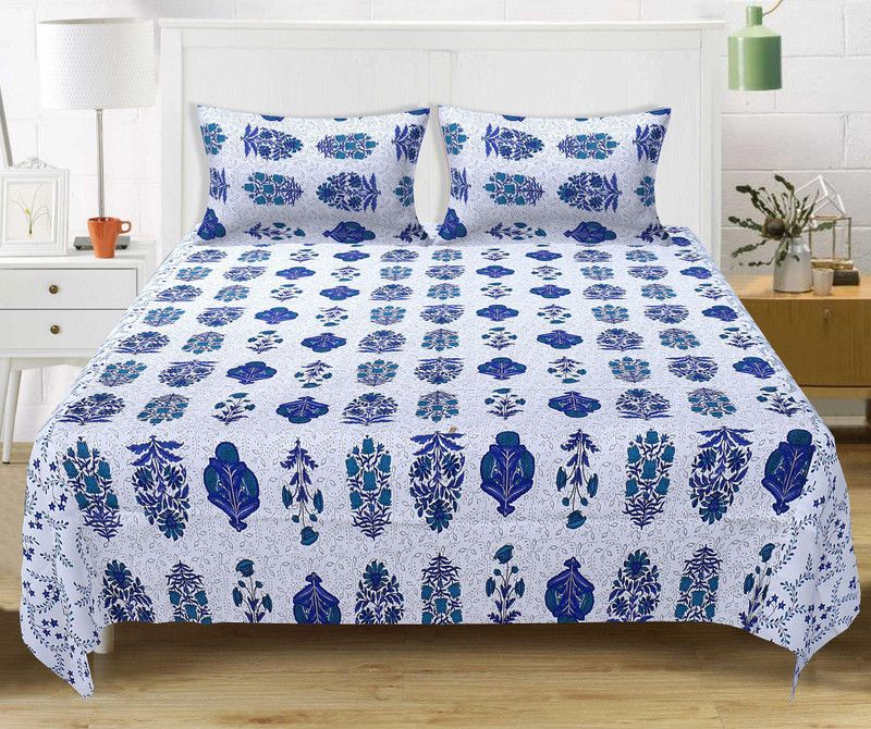 eleganzze 220 TC Cotton King Floral Flat Bedsheet  (Pack of 1, Blue 1)