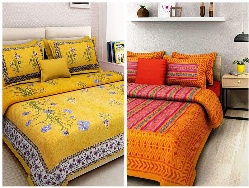 double cotton bed sheet 144 TC Cotton King Jaipuri Prints Flat Bedsheet  (Pack of 2, Orange Zig Zag & Ksahmiri kali)