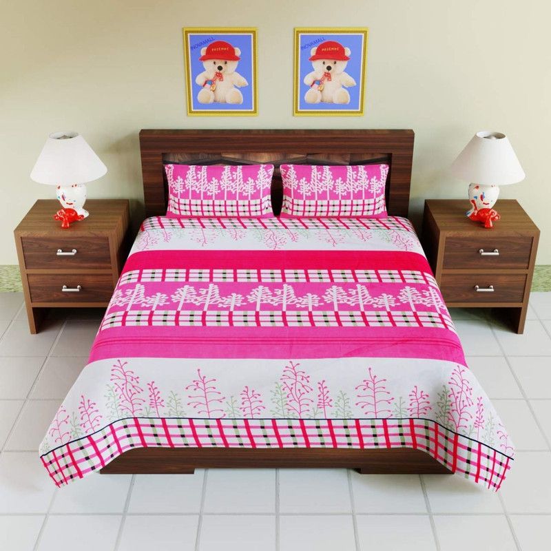 Gautam Textile Hub 144 TC Microfiber Double 3D Printed Flat Bedsheet  (Pack of 1, Pink)