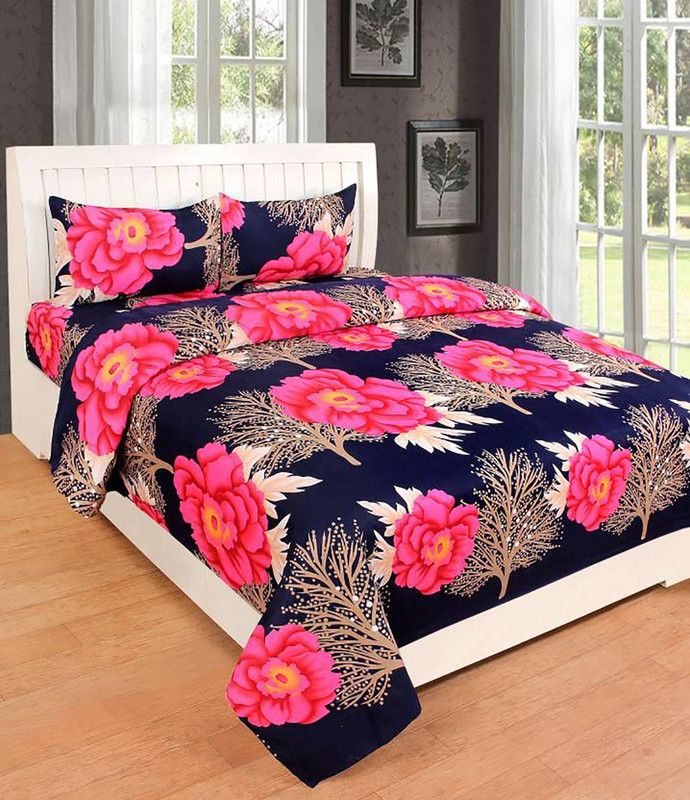 VHD 144 TC Cotton Double Printed Flat Bedsheet  (Pack of 1, Pink)