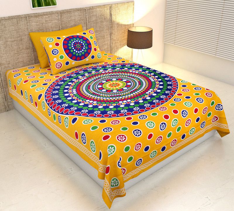 Papa ki Dukaan 104 TC Cotton Single Printed Flat Bedsheet  (Pack of 1, Yellow)
