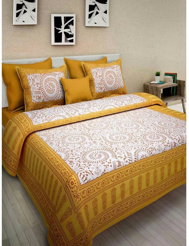 UNIVERSAL TRADER 150 TC Cotton Double Printed Flat Bedsheet  (Pack of 1, Yellow)
