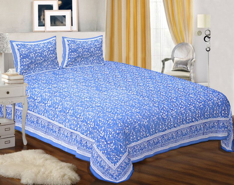 Yakshit International 200 TC Cotton Queen Paisley Flat Bedsheet  (Pack of 1, Blue)
