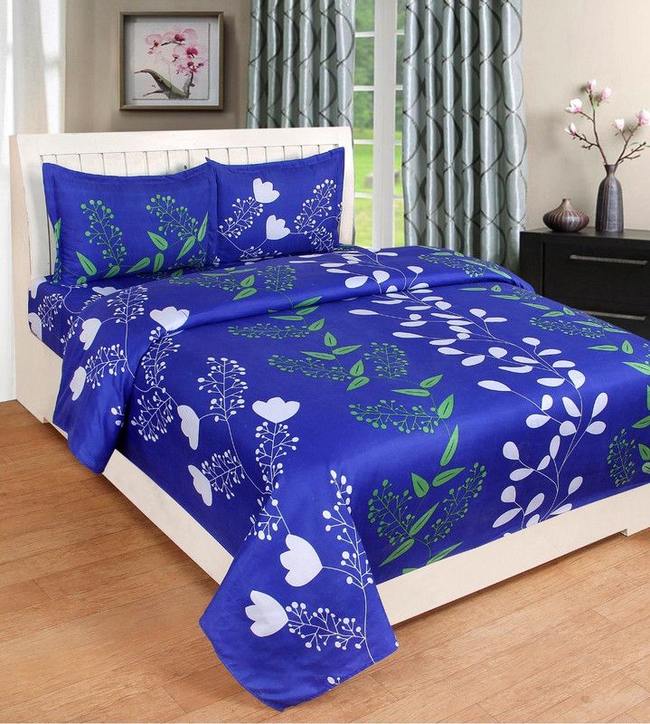 RANDY ORTEN 152 TC Polycotton Double Floral Flat Bedsheet  (Pack of 1, Blue)