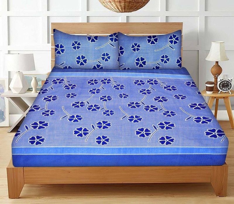 SK TRADERS 240 TC Polycotton Queen Floral Flat Bedsheet  (Pack of 1, Blue)