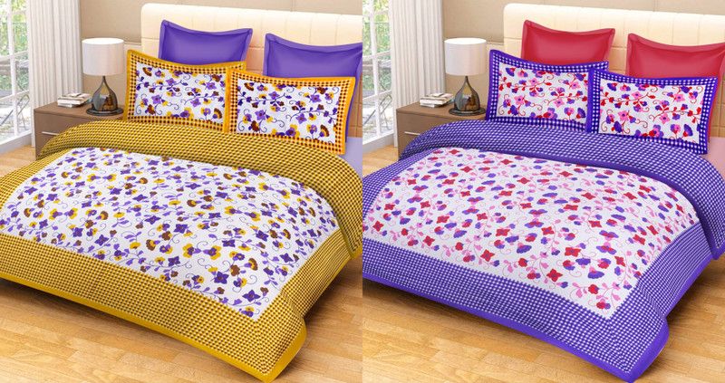Fabriko 140 TC Cotton Double Jaipuri Prints Flat Bedsheet  (Pack of 2, Green)