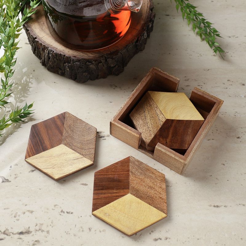 THE DECOR MART Hexagon Wood Coaster Set  (Pack of 4)