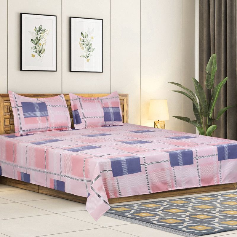 Snorishing 300 TC Cotton King Printed Flat Bedsheet  (Pack of 1, Pink)