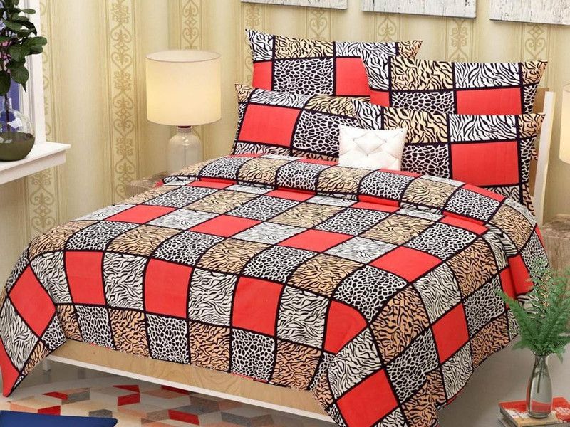 BARKHA 140 TC Cotton Double 3D Printed Fitted & Flat Bedsheet  (Pack of 1, Red)