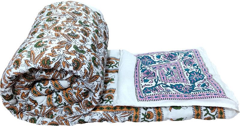 Qker Floral Single Quilt for Mild Winter  (Cotton, MUSTARD & PINK)