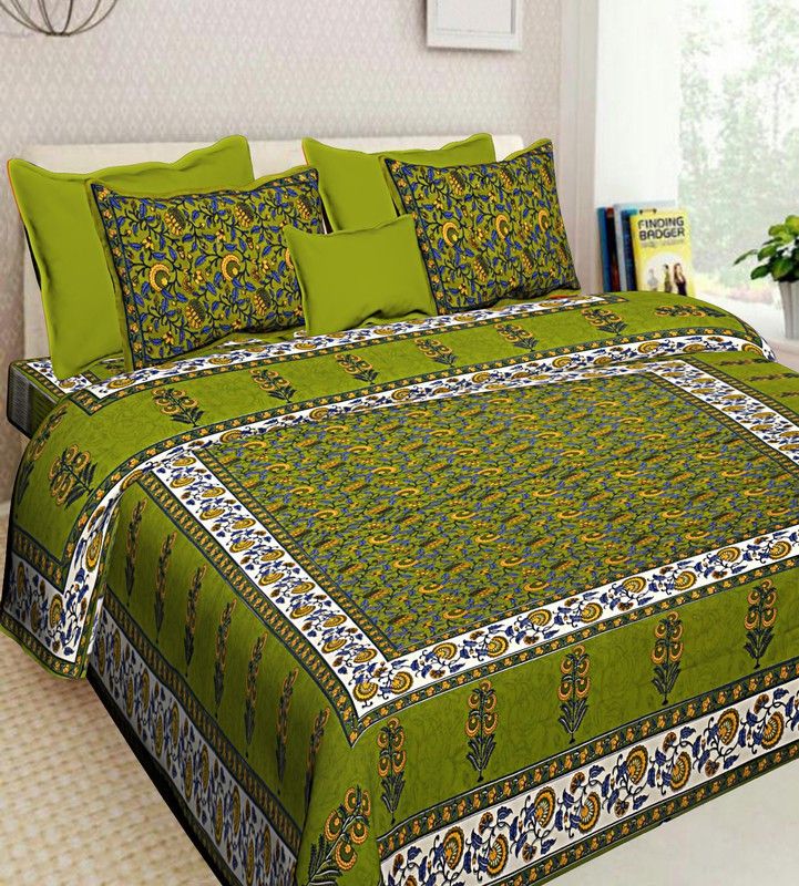 DREAMPOINT 210 TC Cotton King Floral Flat Bedsheet  (Pack of 1, Green)