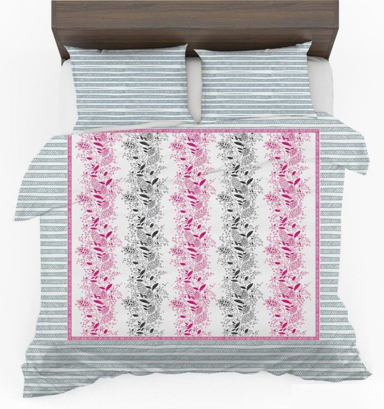FLOURISHING HOMES 350 TC Cotton Double Printed Flat Bedsheet  (Pack of 1, Grey-Pink)