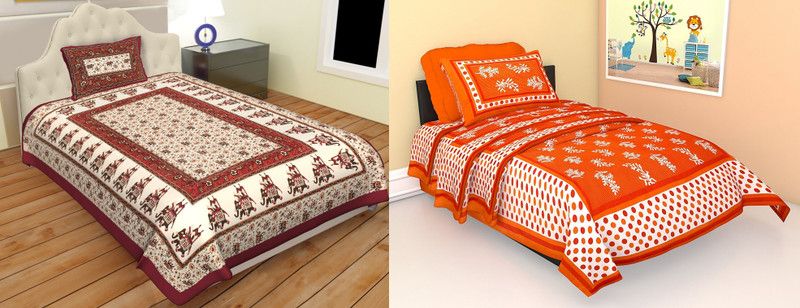Indram 144 TC Cotton Single Printed Flat Bedsheet  (Pack of 2, Orange, Maroon)