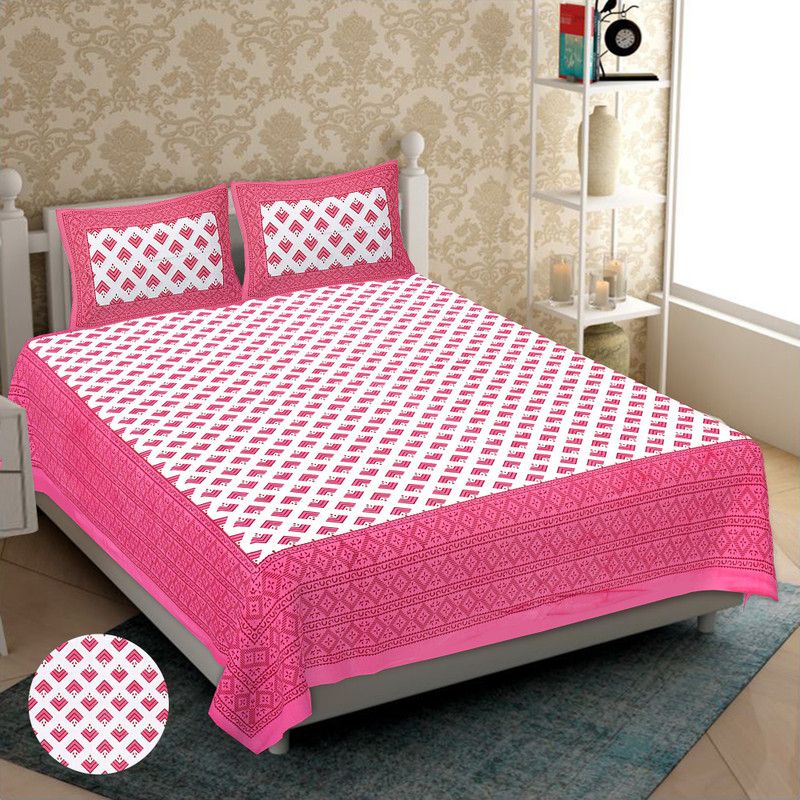 Adishi 144 TC Cotton Double Jaipuri Prints Flat Bedsheet  (Pack of 1, Pink)