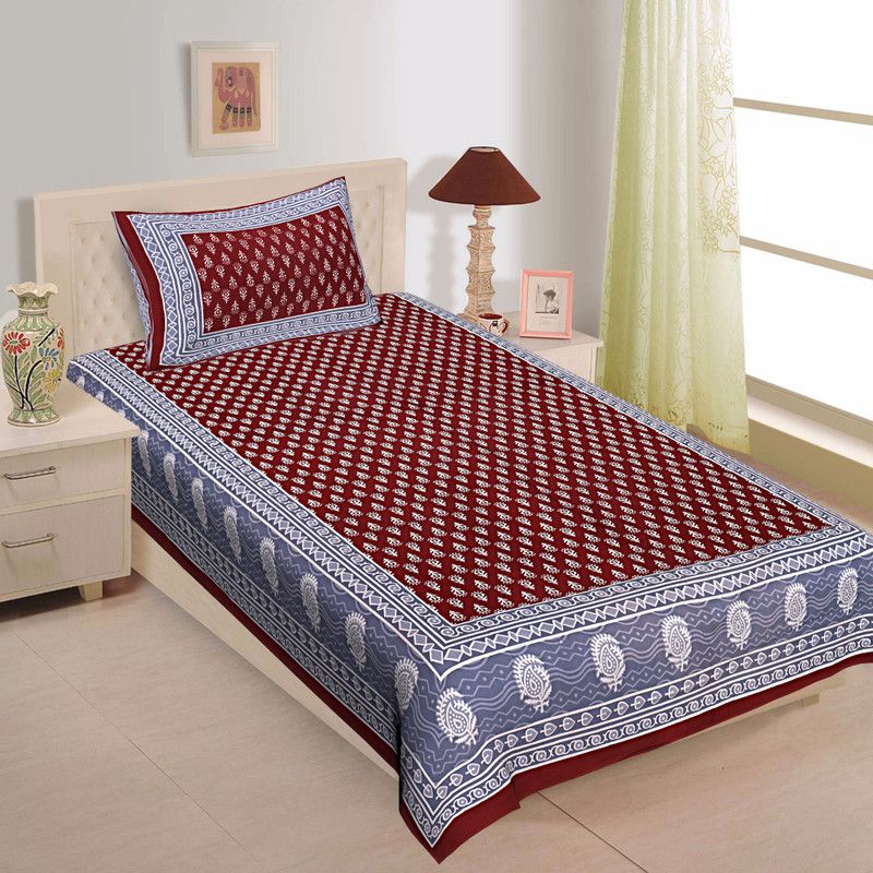 Rangun 144 TC Cotton Single Paisley Fitted & Flat Bedsheet  (Pack of 1, Maroon)