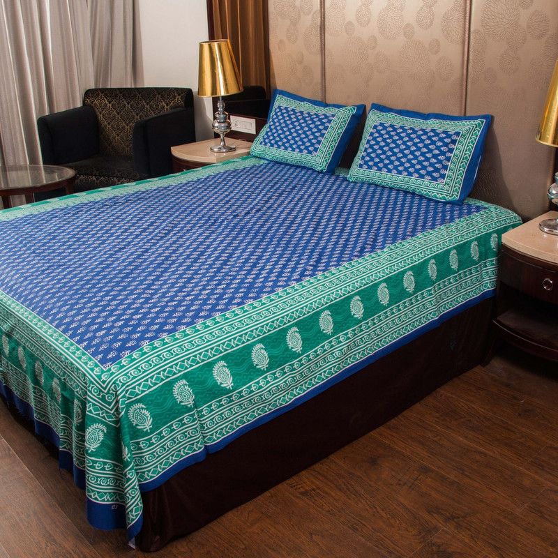 AZMA 144 TC Cotton Double Printed Flat Bedsheet  (Pack of 1, Blue)
