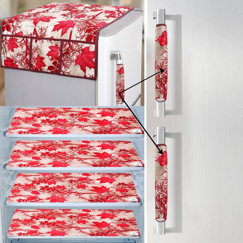 GILAAF Fridge Mat  (Width: 29 cm, Length: 44 cm, Set of 4Pc) + 1Pc Fridge Cover + 2Pc Handle Cover (Floral Red)