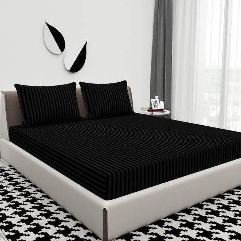 Everlush 300 TC Cotton Double Striped Flat Bedsheet  (Pack of 1, Black)