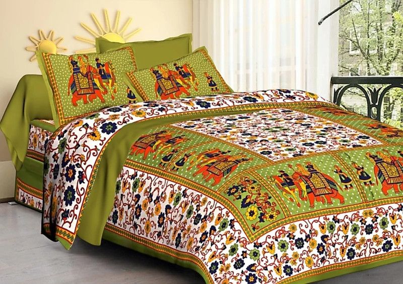 Plethora 151 TC Cotton Double Jaipuri Prints Flat Bedsheet  (Pack of 1, Green)