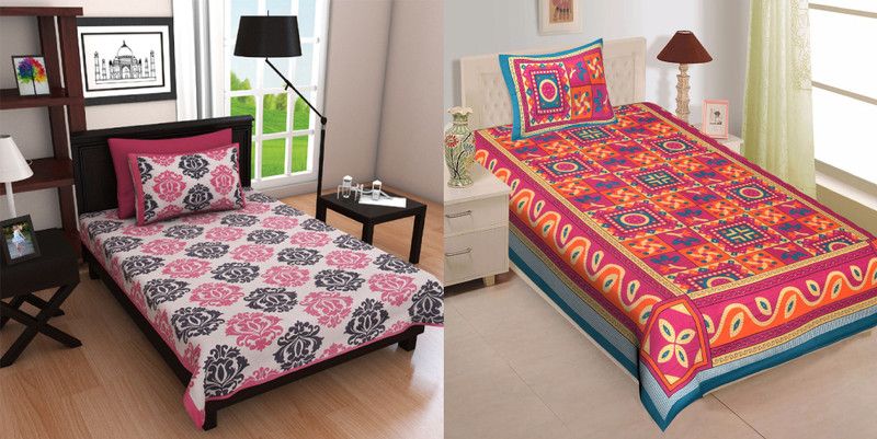 Anupama 104 TC Cotton Single Printed Flat Bedsheet  (Pack of 2, Multicolor)