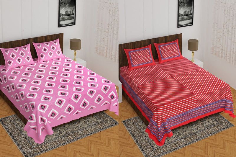 Jeevat 160 TC Cotton Double Jaipuri Prints Flat Bedsheet  (Pack of 2, Multicolor)