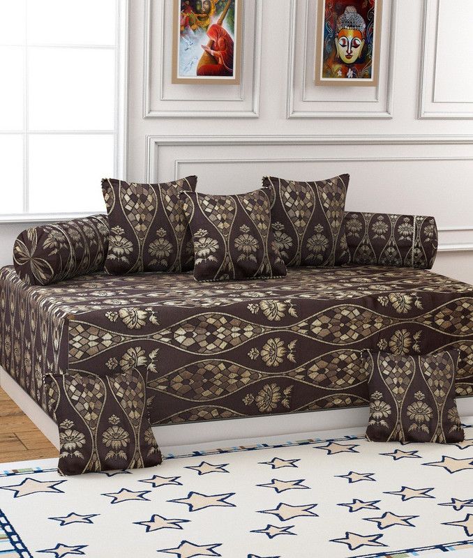 igi Silk Floral Diwan Set  (Brown)