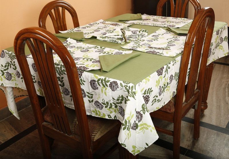 Dekor World Floral 4 Seater Table Cover  (Green, Cotton, Pack of 13)