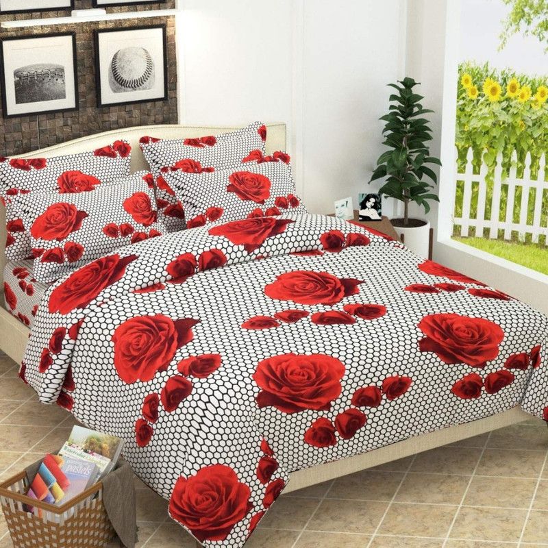 La Roze Home Furnishings 120 TC Cotton Double Floral Flat Bedsheet  (Pack of 3, Red)
