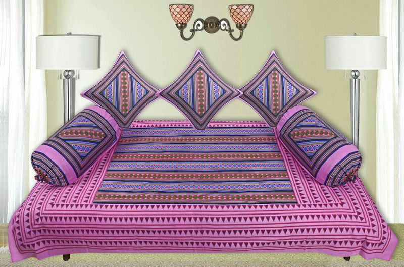 METRO LIVING Cotton Geometric Diwan Set  (Set Of 3 Cushion Cover with 2 Boolster Cover and 1 Single Bed Sheet., Pink)