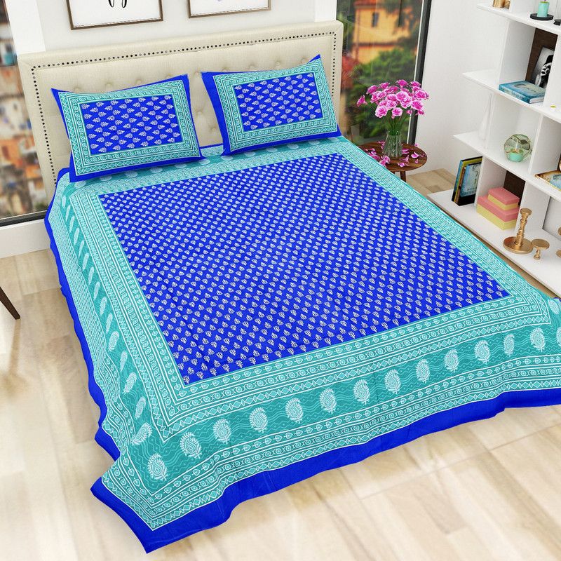 TANIKA 110 TC Cotton Queen Printed Flat Bedsheet  (Pack of 1, Blue)