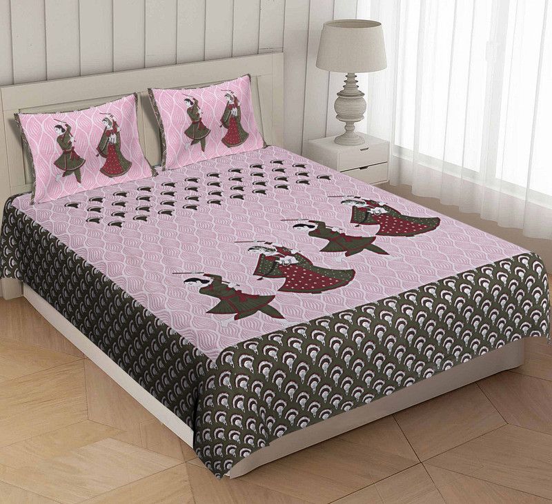 DJ 144 TC Cotton Queen Jaipuri Prints Flat Bedsheet  (Pack of 1, Pink)