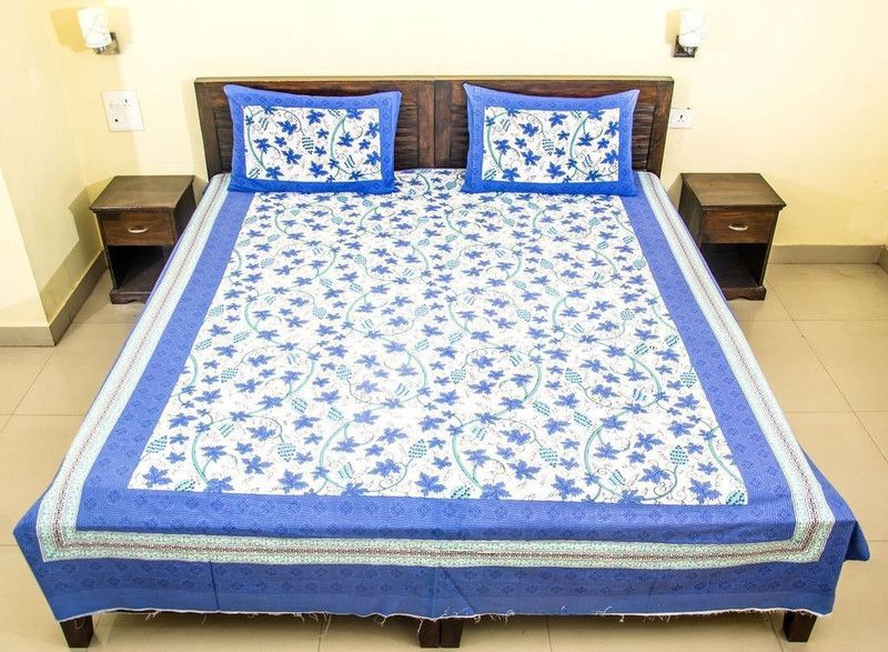 Kismat Collection Cotton Double Embroidered Flat Bedsheet  (Pack of 1, Blue)