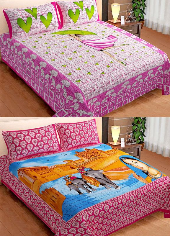 METRO LIVING 120 TC Cotton Double Printed Flat Bedsheet  (Pack of 2, Pink)