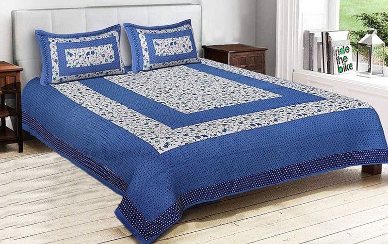 Navyata 144 TC Cotton Queen Jaipuri Prints Flat Bedsheet  (Pack of 1, Blue)