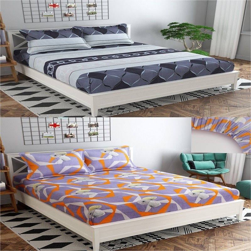 Nakshu 140 TC Polycotton Queen Floral Fitted (Elastic) Bedsheet  (Pack of 2, grey oval chain, orange chatri)
