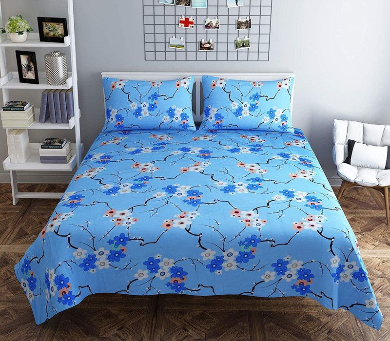 HONEYFEEL 300 TC Cotton Double Floral Flat Bedsheet  (Pack of 1, Mortise Blue)
