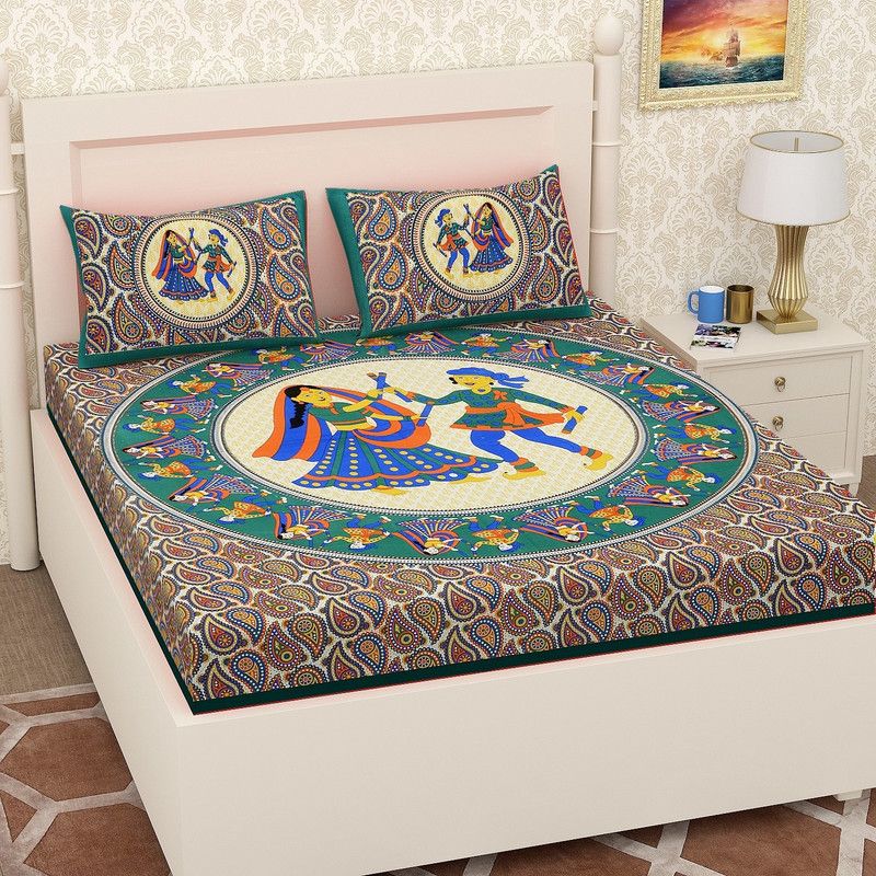 Pankaja Creation 144 TC Cotton Double Printed Flat Bedsheet  (Pack of 1, Green, Blue)