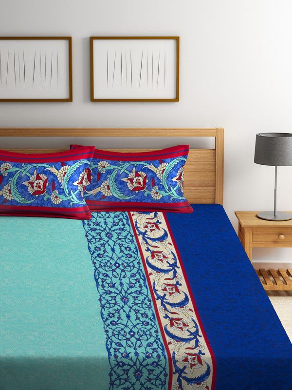 PORTICO NEW YORK 210 TC Cotton Queen Motifs Flat Bedsheet  (Pack of 3, Blue)