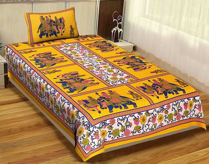 Duronet 140 TC Cotton Single Jaipuri Prints Flat Bedsheet  (Pack of 1, Yellow)