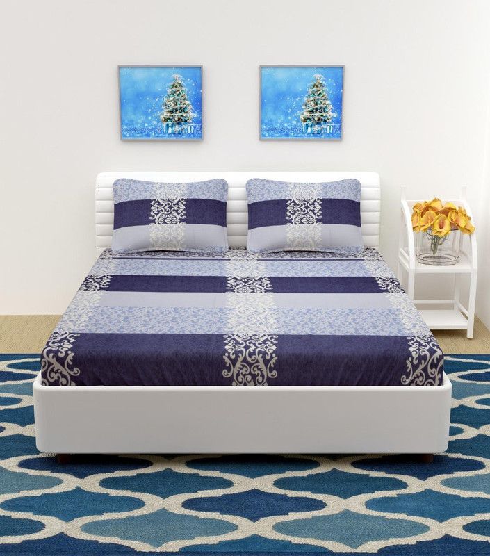 SHIV CRAFTS 350 TC Microfiber Double Printed Flat Bedsheet  (Pack of 1, BLUE WHITE)